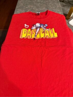 Topps Bright Red Tee with Yellow Baseball Graphic